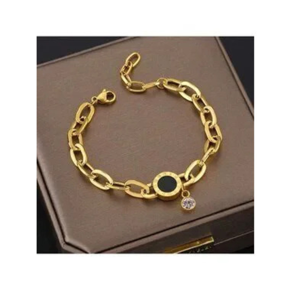 Gold Plated Stainless Steel Chain Bracelet with Black Accent & Roman Numeral